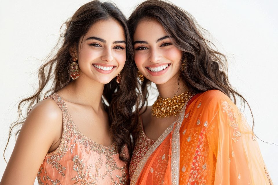 young indian female friends wearing traditional lehanga