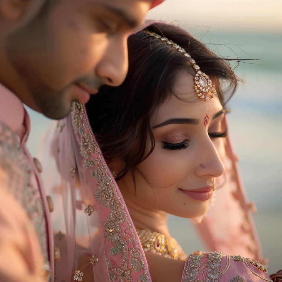 Bride and groom in pastel clothes