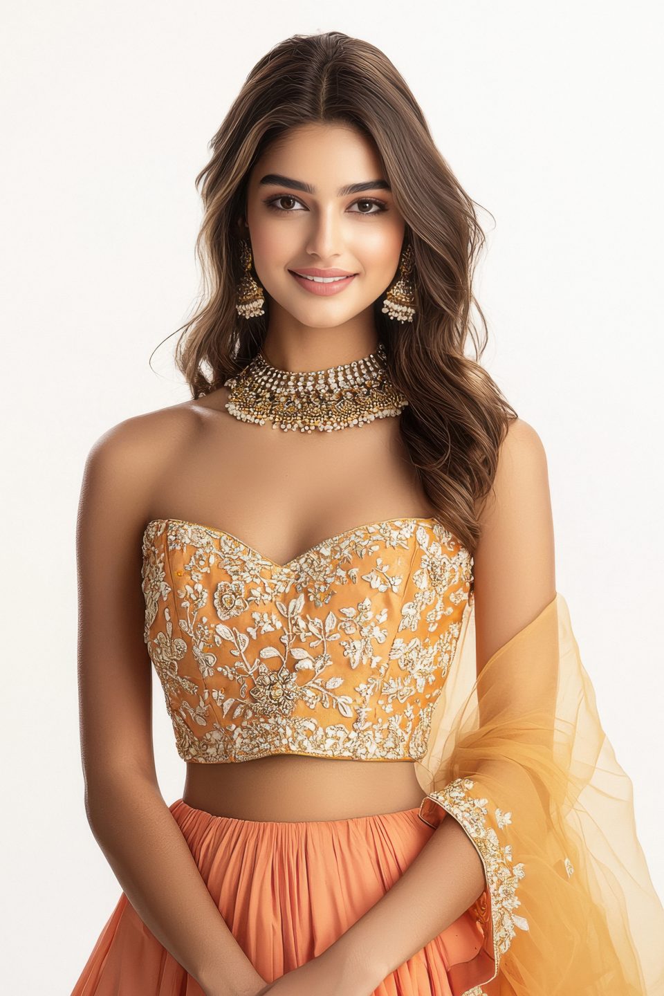 young indian woman wearing designer dress standing on white background