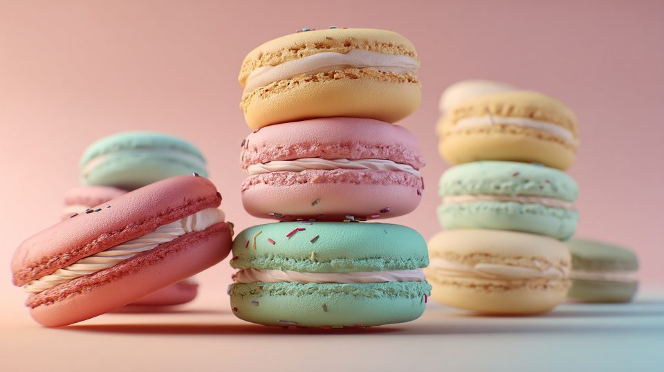 Colorful macarons stacked in a gentle pastel palette