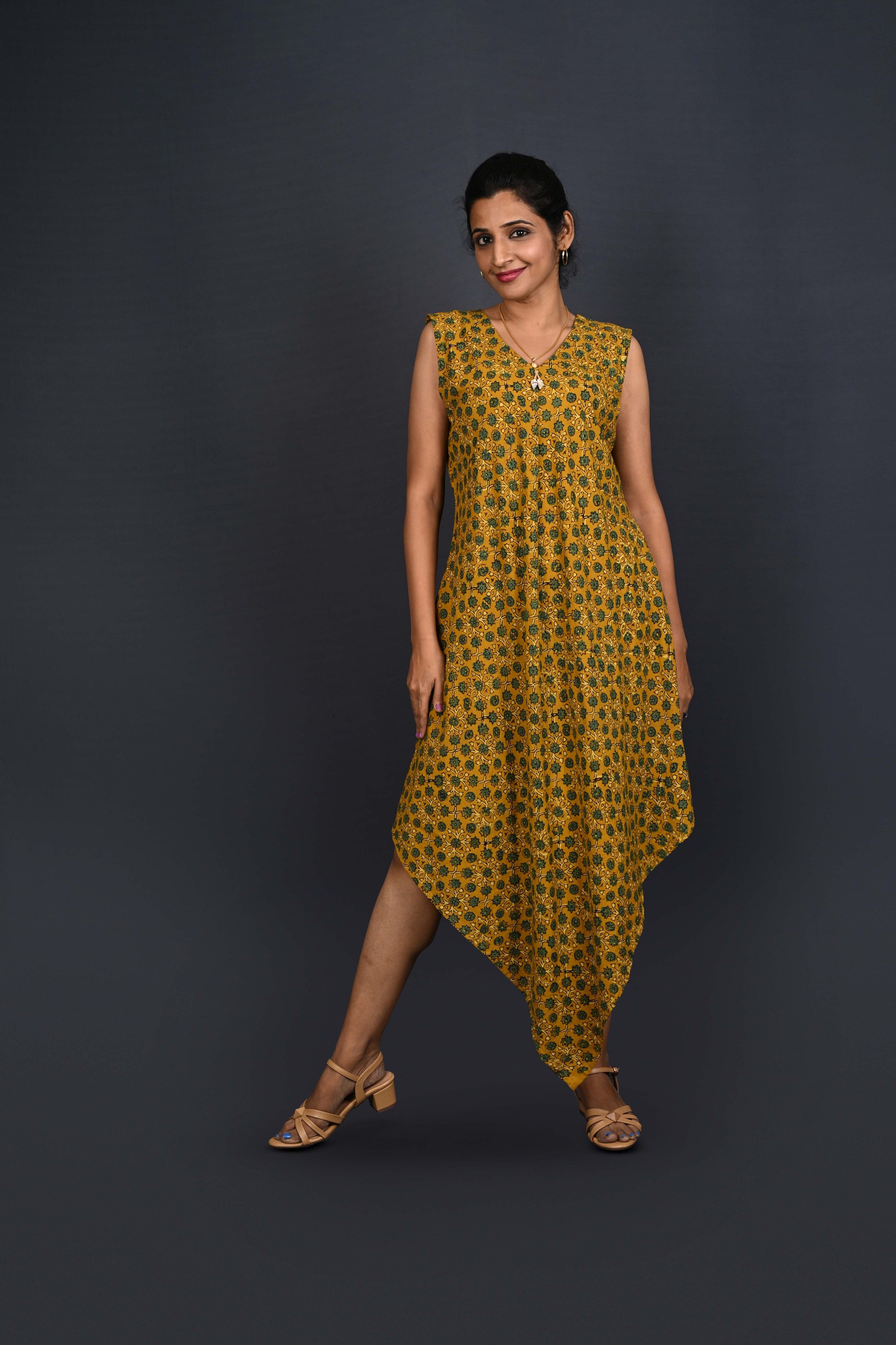 Block Printed V - Neck Dress