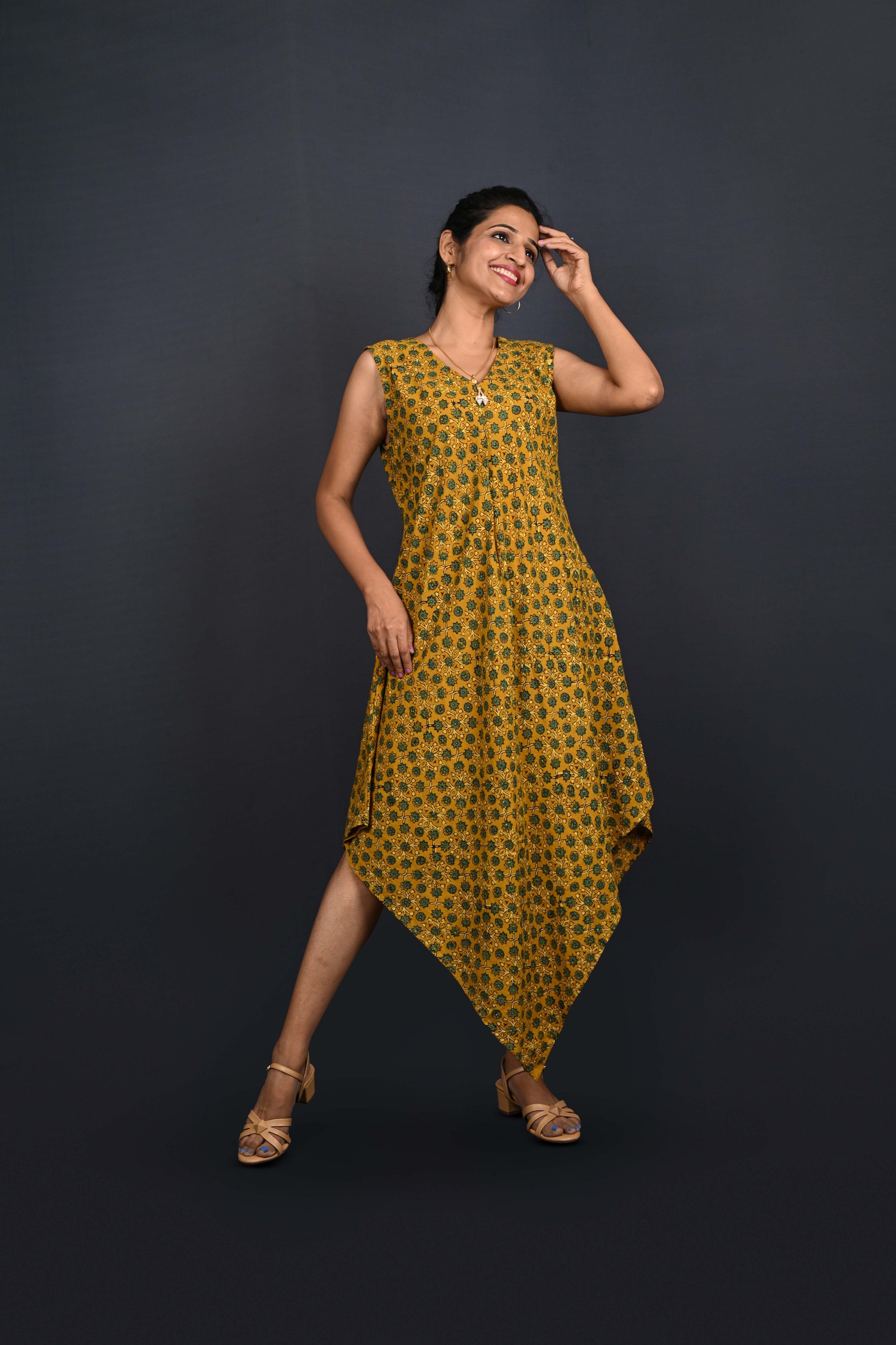 Block Printed V - Neck Dress